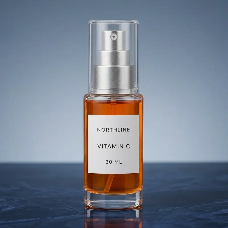 Third Nano Banana 2 serum bottle edit with a controlled blue-surface reflection