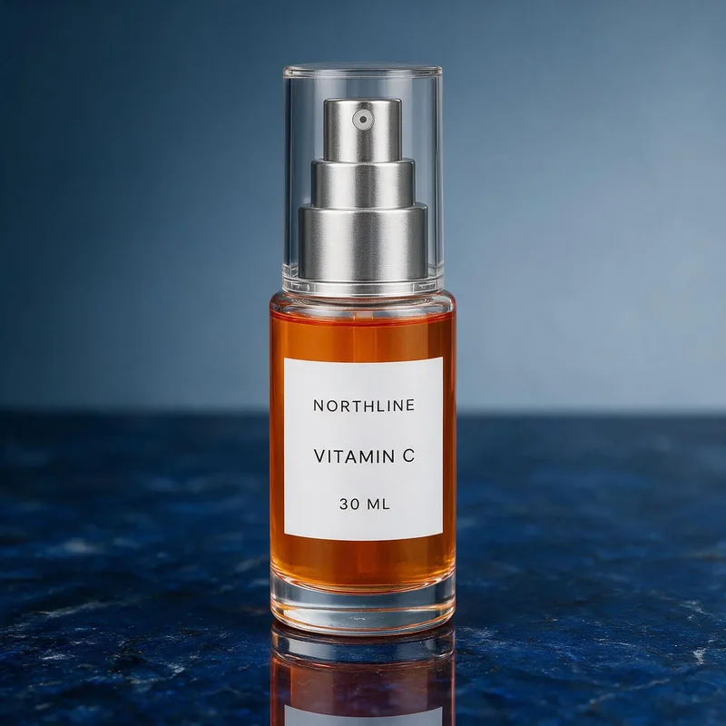 First Seedream 5 Pro clear serum bottle edit on polished dark blue stone