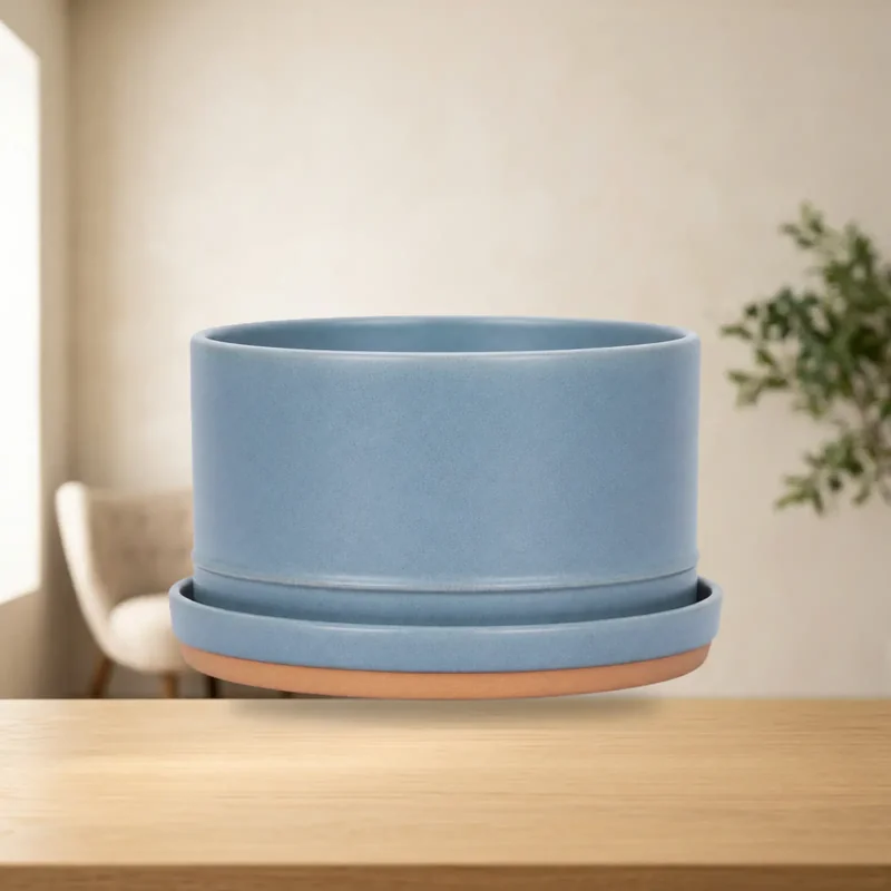 Source-preserving composite of the same fictional blue planter in a warm home setting