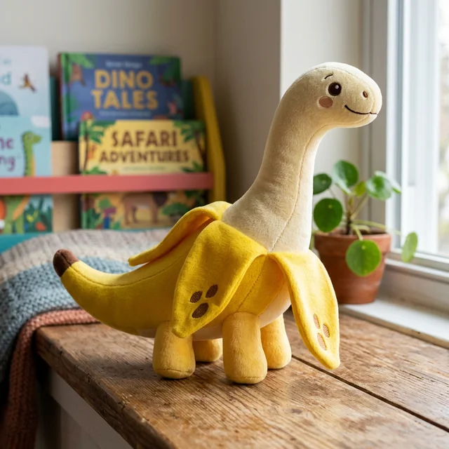 Make a photo of a half peeled banana plushie, the plushie is also a sauropod