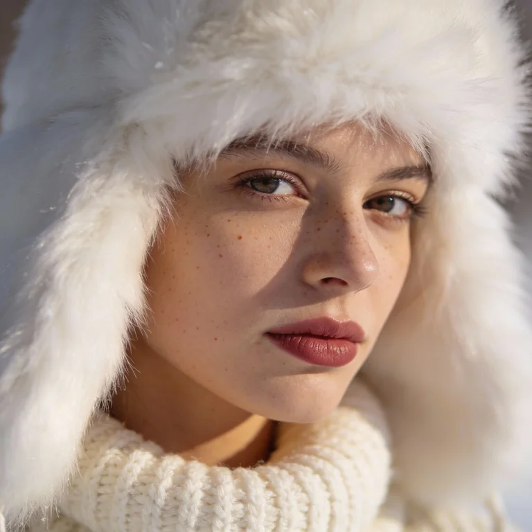 A soft, intimate close-up portrait of a young woman wearing a plush white faux-fur winter hood and a thick cream-colored