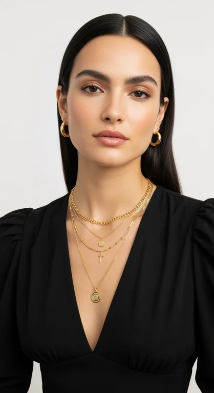 a woman posing against a plain light background, styled in an elegant and minimal fashion. She is wearing a black, deep 