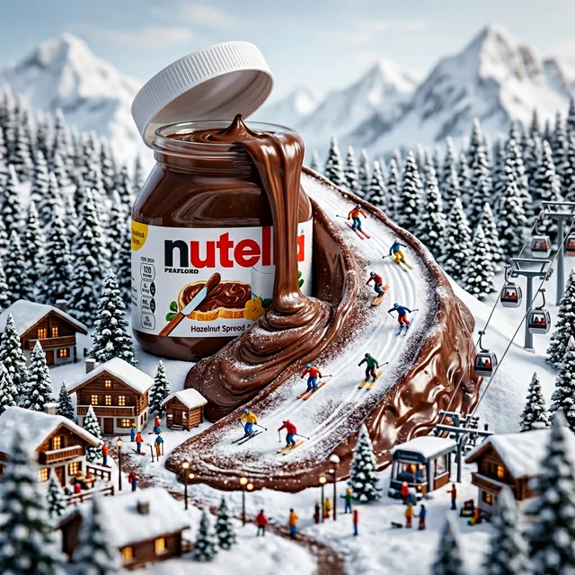 "cinematic miniature winter world built around a giant Nutella jar, thick chocolate hazelnut spread flowing out forming 