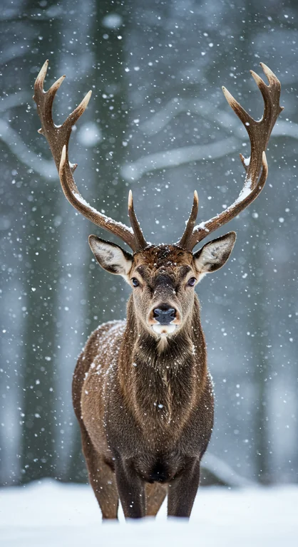 A close-up wildlife portrait of a majestic stag standing still in a snowy forest during active snowfall. The deer faces