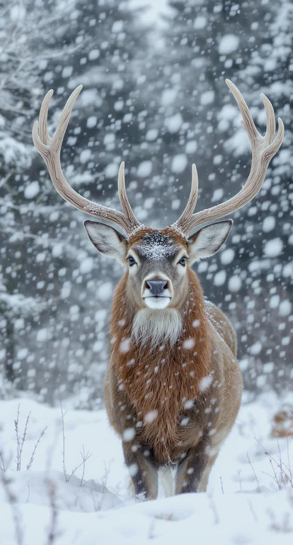 A close-up wildlife portrait of a majestic stag standing still in a snowy forest during active snowfall. The deer faces