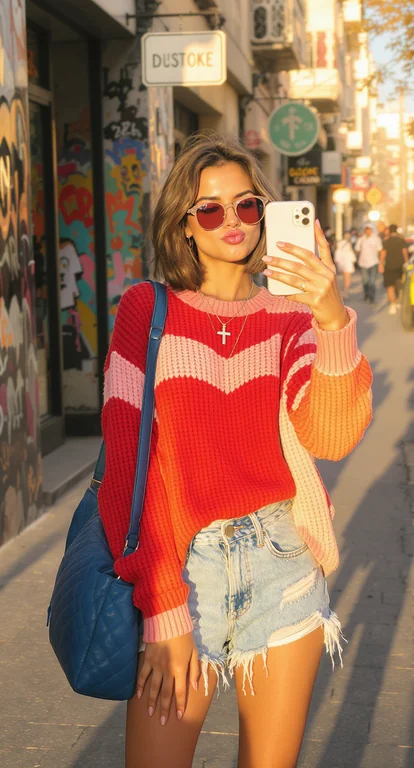 A trendy young woman takes a casual street-style selfie on a sunny day. She has short, wavy brown hair and wears round rose-tinted sunglasses, puckering her lips playfully. She is dressed in a loose red-and-pink knit sweater layered over a white top, distressed denim shorts, and sporty sneakers. A large quilted blue shoulder bag hangs on her side, and she wears layered necklaces, including a cross pendant. The background shows an urban street with storefronts, graffiti art, parked cars, and pedestrians, all bathed in warm golden sunlight with long shadows. The style is photorealistic, modern, and urban with a relaxed, youthful vibe.