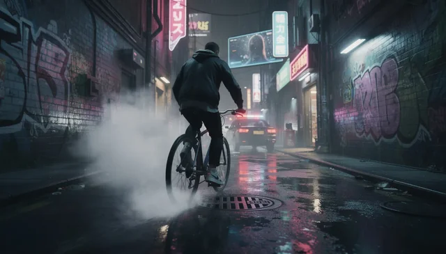 A man cycling through a neon-drenched alleyway, his reflection shimmering on slick pavement, the only sound the whir of 