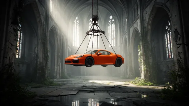 A surreal cinematic scene set inside a vast, abandoned gothic cathedral with towering stone arches, cracked walls, and t