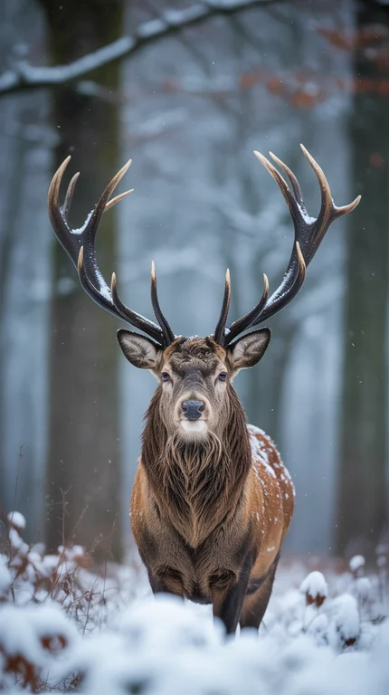 A close-up wildlife portrait of a majestic stag standing still in a snowy forest during active snowfall. The deer faces