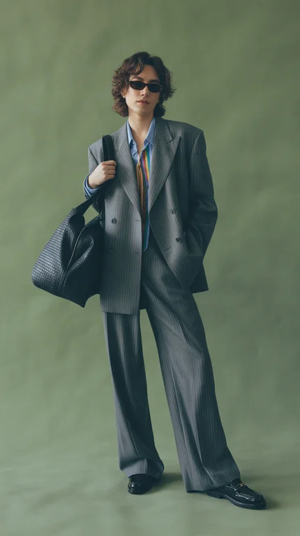 a stylish person posing confidently against a muted green studio backdrop. They are dressed in a sharp, tailored gray pi