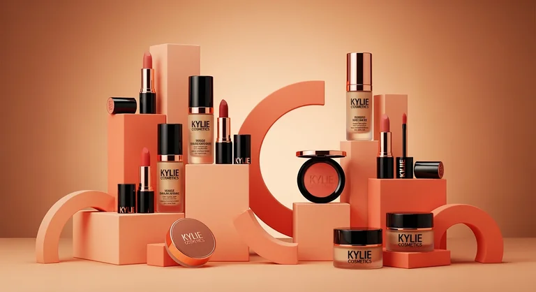 a visually striking arrangement of luxury makeup products with brand name Kylie Cosmetics displayed against a warm, mono