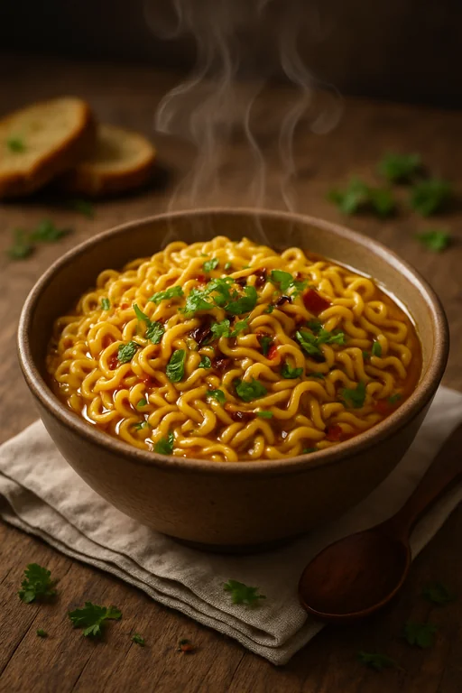 A steaming bowl of freshly prepared Maggi noodles with curly, golden-yellow strands glistening under warm ambient light.