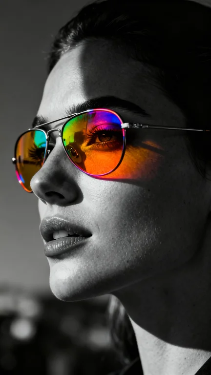 A photorealistic, extreme close-up profile portrait of a woman. The image is rendered in dramatic, high-contrast black and white, utilizing a selective color technique. The only color present is the vibrant, luminous NEON color of the lenses in their Aviator styled glasses. The lighting is cinematic and moody, employing a chiaroscuro effect with deep, rich shadows covering half of their face, while a strong key light illuminates the other half, highlighting the contours and texture of their skin.