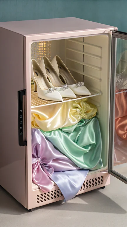 A surreal fashion still life photograph of a transparent glass display case resembling a refrigerator, filled with luxurious satin and silk fabrics in pastel colors (pink, yellow, lavender, cream, green, blue, peach). Resting on the fabric are two elegant white high-heeled shoes with pointed toes and small bows, glossy and pristine. The case has a sleek black handle and metallic base with ventilation grilles. Soft, dramatic studio lighting highlights the textures of the satin and glossy leather, with shadows cast on a neutral gray background. The composition feels modern, luxurious, and conceptual, like an avant-garde editorial art installation.