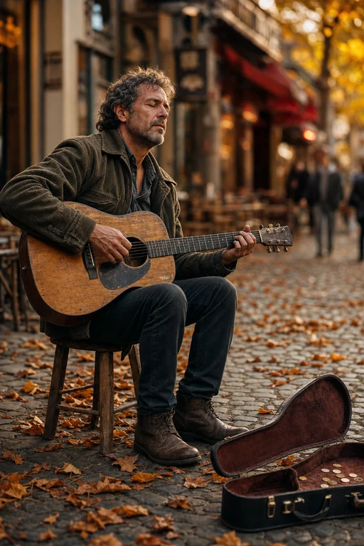 A photorealistic square 1:1 portrait of a street musician in his late 40s, seated on a worn wooden stool on a cobbleston