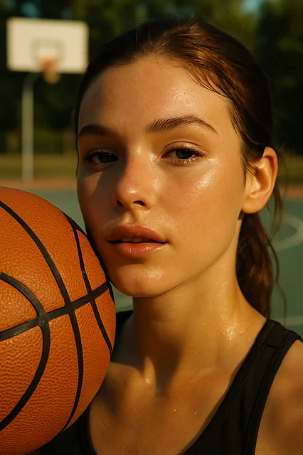 A close-up portrait of a young woman on an outdoor basketball court, bathed in warm natural sunlight. She has dewy, glow