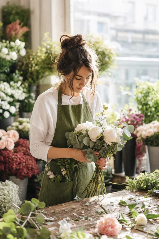 A photorealistic 9:16 vertical portrait of a young female florist, mid 20s, standing in her small flower shop surrounded