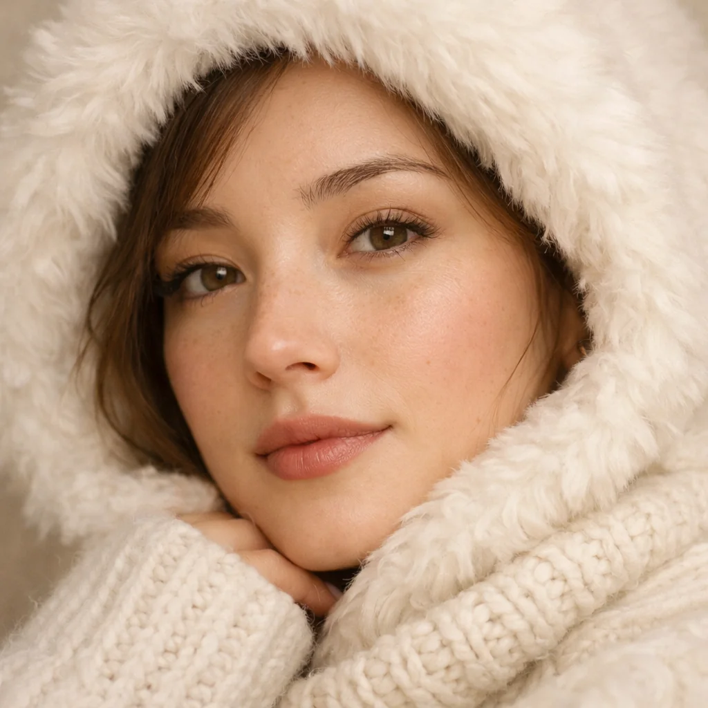 A soft, intimate close-up portrait of a young woman wearing a plush white faux-fur winter hood and a thick cream-colored