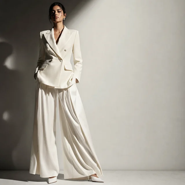 A high-fashion editorial photograph of a South Asian female model in her late 20s standing in a minimalist white studio.