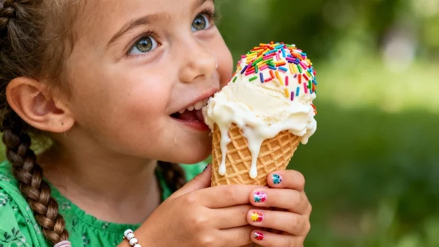 A joyful close-up portrait of a young child holding and eating a vanilla ice cream cone topped with colorful rainbow spr
