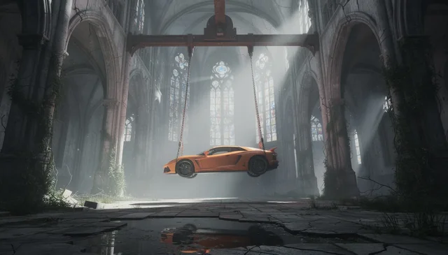 A surreal cinematic scene set inside a vast, abandoned gothic cathedral with towering stone arches, cracked walls, and t