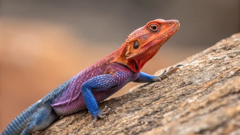 A striking close-up portrait of a vividly colored lizard perched on a textured rock, captured at eye level with shallow
