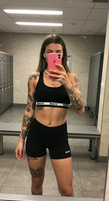 a person taking a mirror selfie in what appears to be a gym locker room. They are wearing a black athletic outfit consis