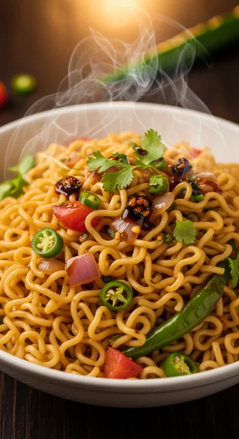 A steaming bowl of freshly prepared Maggi noodles with curly, golden-yellow strands glistening under warm ambient light.