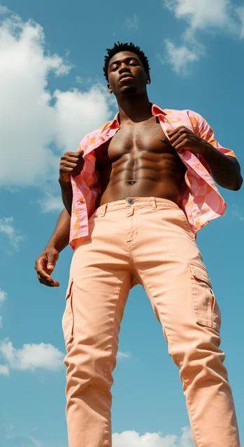 Dynamic low-angle fashion portrait of a confident young man standing outdoors under a bright blue sky with scattered clo