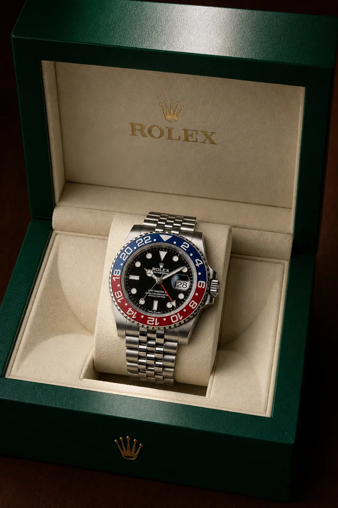 A square 1:1 intimate product photograph of a Rolex GMT Master II Pepsi in its open green Rolex presentation box, the li