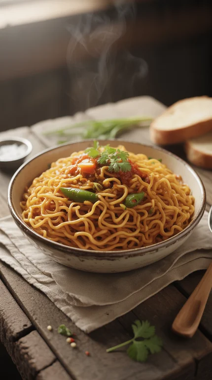 A steaming bowl of freshly prepared Maggi noodles with curly, golden-yellow strands glistening under warm ambient light.