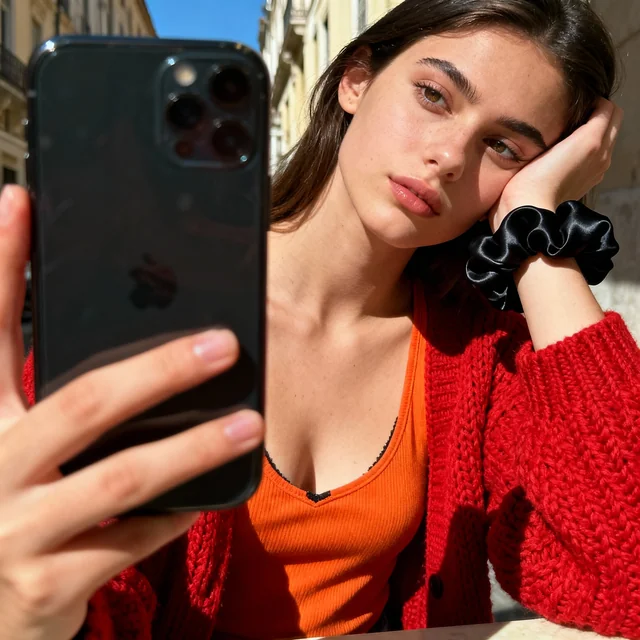 Photorealistic mirror selfie of a young woman in her 20s, shot using an iPhone front camera. She stands in hard direct s