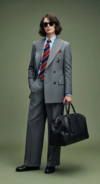 a stylish person posing confidently against a muted green studio backdrop. They are dressed in a sharp, tailored gray pi