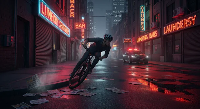 A man cycling through a neon-drenched alleyway, his reflection shimmering on slick pavement, the only sound the whir of 