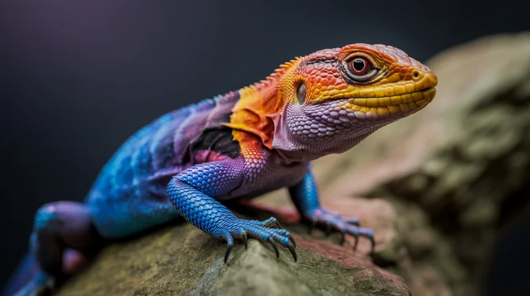 A striking close-up portrait of a vividly colored lizard perched on a textured rock, captured at eye level with shallow 