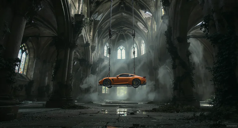 A surreal cinematic scene set inside a vast, abandoned gothic cathedral with towering stone arches, cracked walls, and t