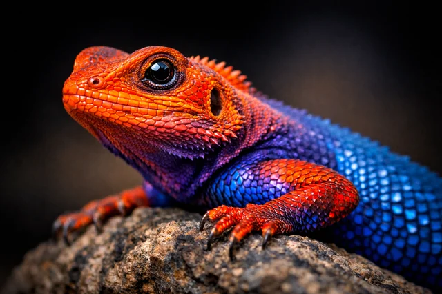 A striking close-up portrait of a vividly colored lizard perched on a textured rock, captured at eye level with shallow