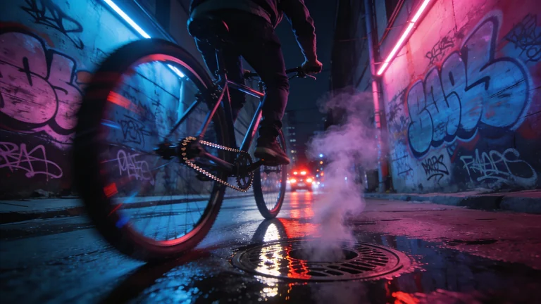 A man cycling through a neon-drenched alleyway, his reflection shimmering on slick pavement, the only sound the whir of 