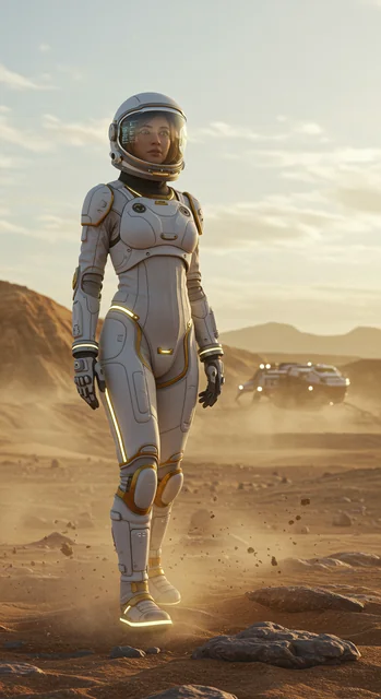 A cinematic portrait of a woman astronaut standing on the rocky surface of a distant planet, beneath a pale sky tinted w