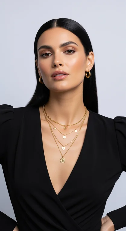 a woman posing against a plain light background, styled in an elegant and minimal fashion. She is wearing a black, deep 