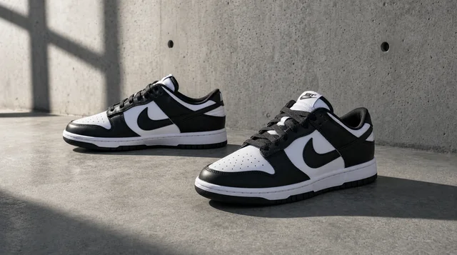 A wide cinematic 16:9 product photograph of a pair of Nike Dunk Low Retro in Panda colorway (white and black) arranged o
