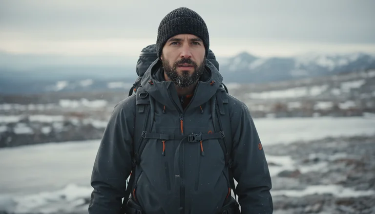 a man outdoors in a cold, mountainous environment, dressed in technical winter gear. He is wearing a dark gray waterproo