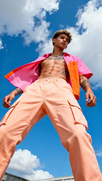 Dynamic low-angle fashion portrait of a confident young man standing outdoors under a bright blue sky with scattered clo