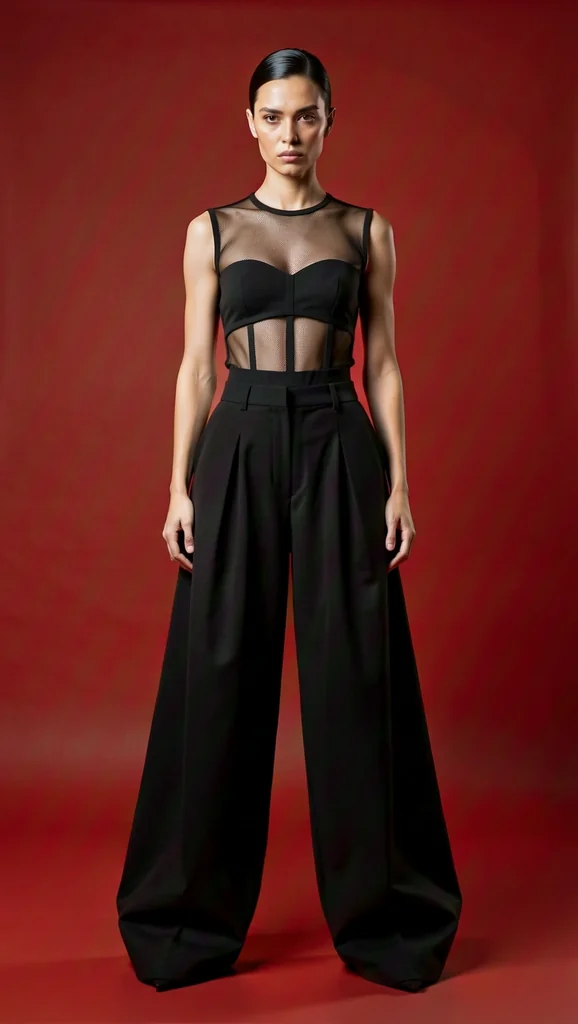 A high-fashion studio portrait of a female model standing confidently against a smooth gradient red backdrop. She wears