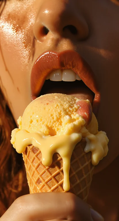 A sensual, artistic close-up photograph of a person licking a melting ice cream cone. The focus is on the mouth and hand, with glossy lips slightly parted, tongue extended toward the ice cream. The ice cream is bright golden yellow, dripping over the edges of a textured waffle cone. The skin has a smooth, natural tone with warm highlights and soft shadows. Lighting is dramatic and sunlit, creating a cinematic, vintage-inspired aesthetic. The style is editorial, photorealistic, and bold.