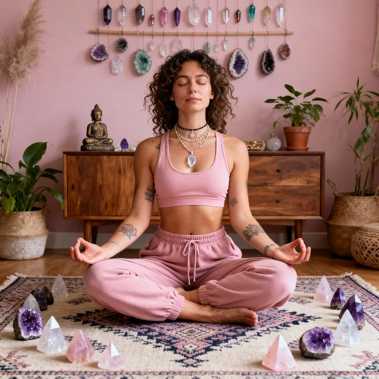 A serene lifestyle portrait of a woman seated cross-legged in a meditative lotus pose on a patterned woven rug inside a 