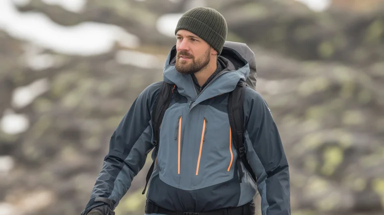 a man outdoors in a cold, mountainous environment, dressed in technical winter gear. He is wearing a dark gray waterproo