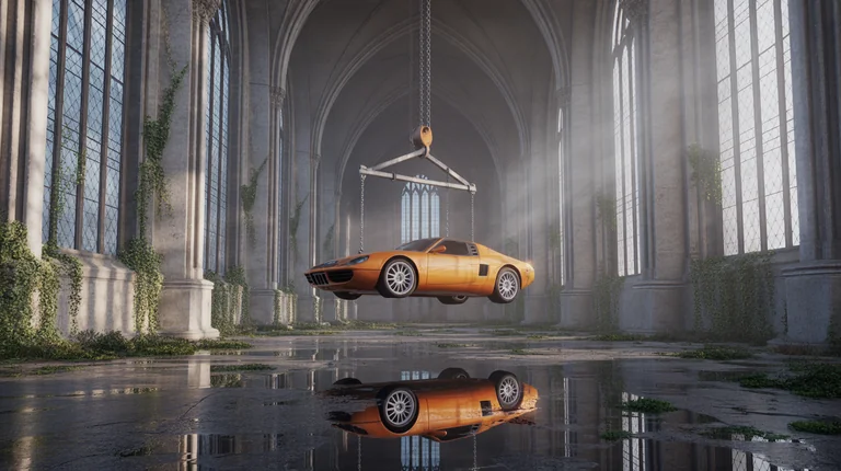 A surreal cinematic scene set inside a vast, abandoned gothic cathedral with towering stone arches, cracked walls, and t