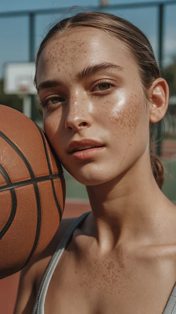 A close-up portrait of a young woman on an outdoor basketball court, bathed in warm natural sunlight. She has dewy, glow