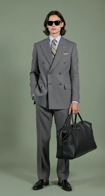 a stylish person posing confidently against a muted green studio backdrop. They are dressed in a sharp, tailored gray pi